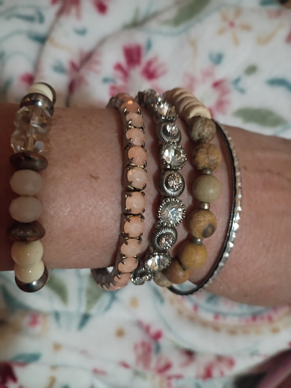 Stackable Beaded and Crystal Bracelets - Pink, Beige, Brown